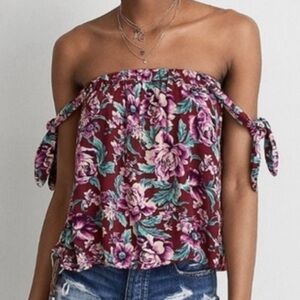 floral off the shoulder blouse american eagle outfitters burgundy purple size XS